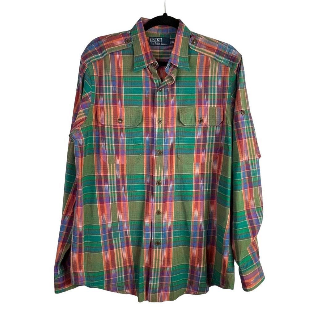 Polo Ralph Lauren Shirt Mens Western M Madras Southwestern Plaid Roll Tab Sleeve